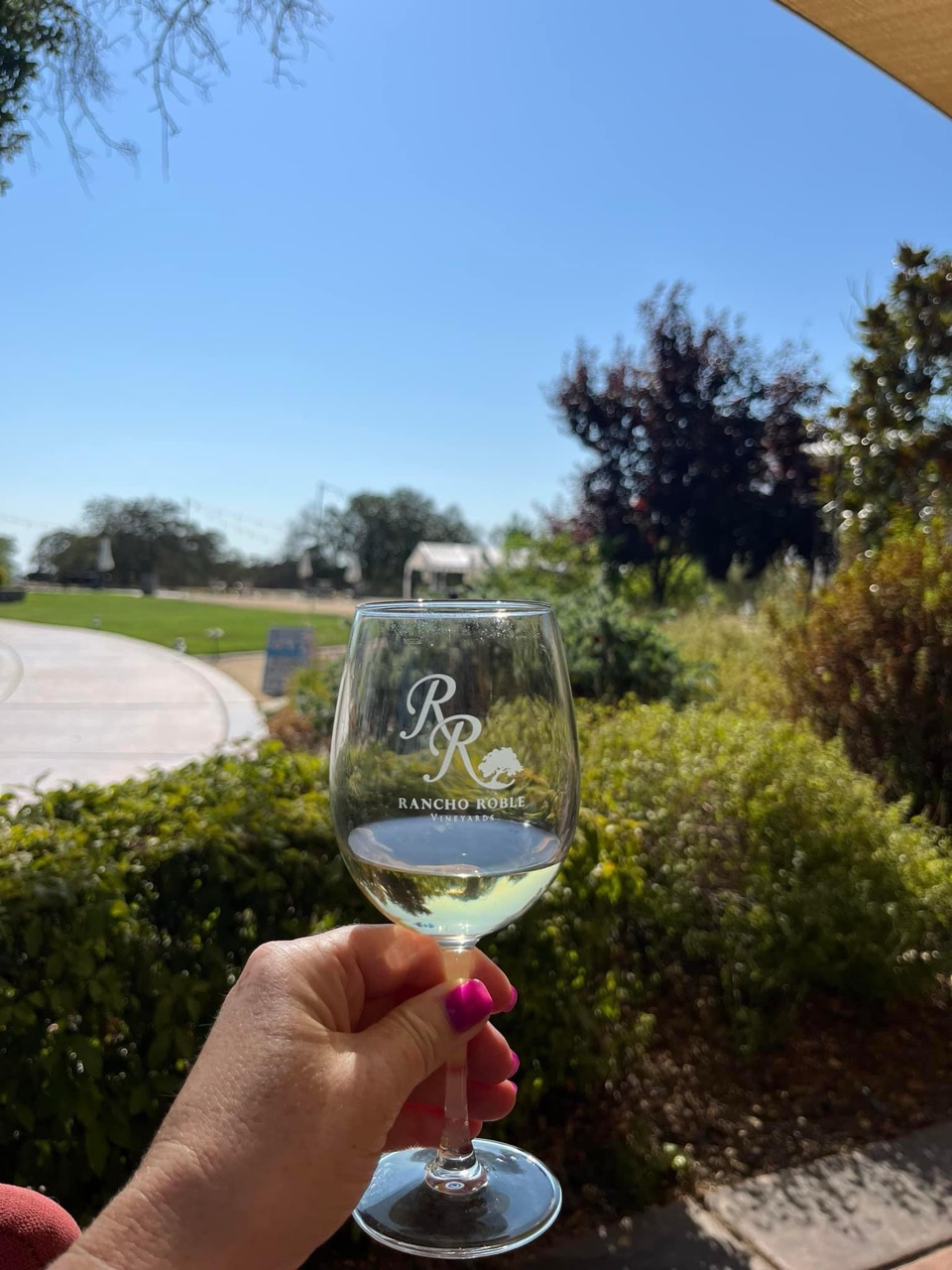 Wine glasses and bottles at Rancho Roble Vineyards tasting room in Lincoln, California