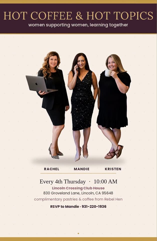 Flyer for HOT COFFEE AND HOT TOPICS.Hosted by Mandie VanBuren, Rachel Wesp and Kristen Misamore